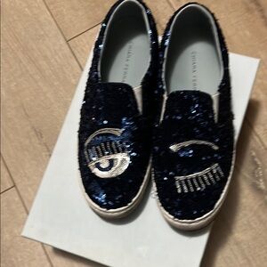 Chiara Ferragni Navy Sequin Eye Slip-Ons